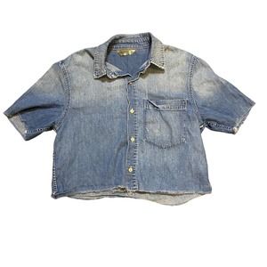MOTHER Light Blue Cropped Denim Button-Up Shirt